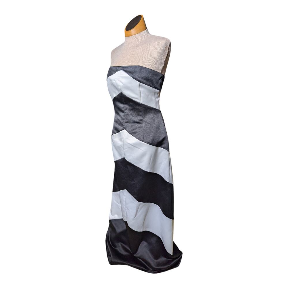Vtg 1990s Jessica McClintock Black White Stripe Chevron Strapless Maxi Gown 10